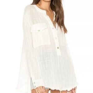Free People Talk To Me Gauze Shirt White Size M Button Front Boho EUC